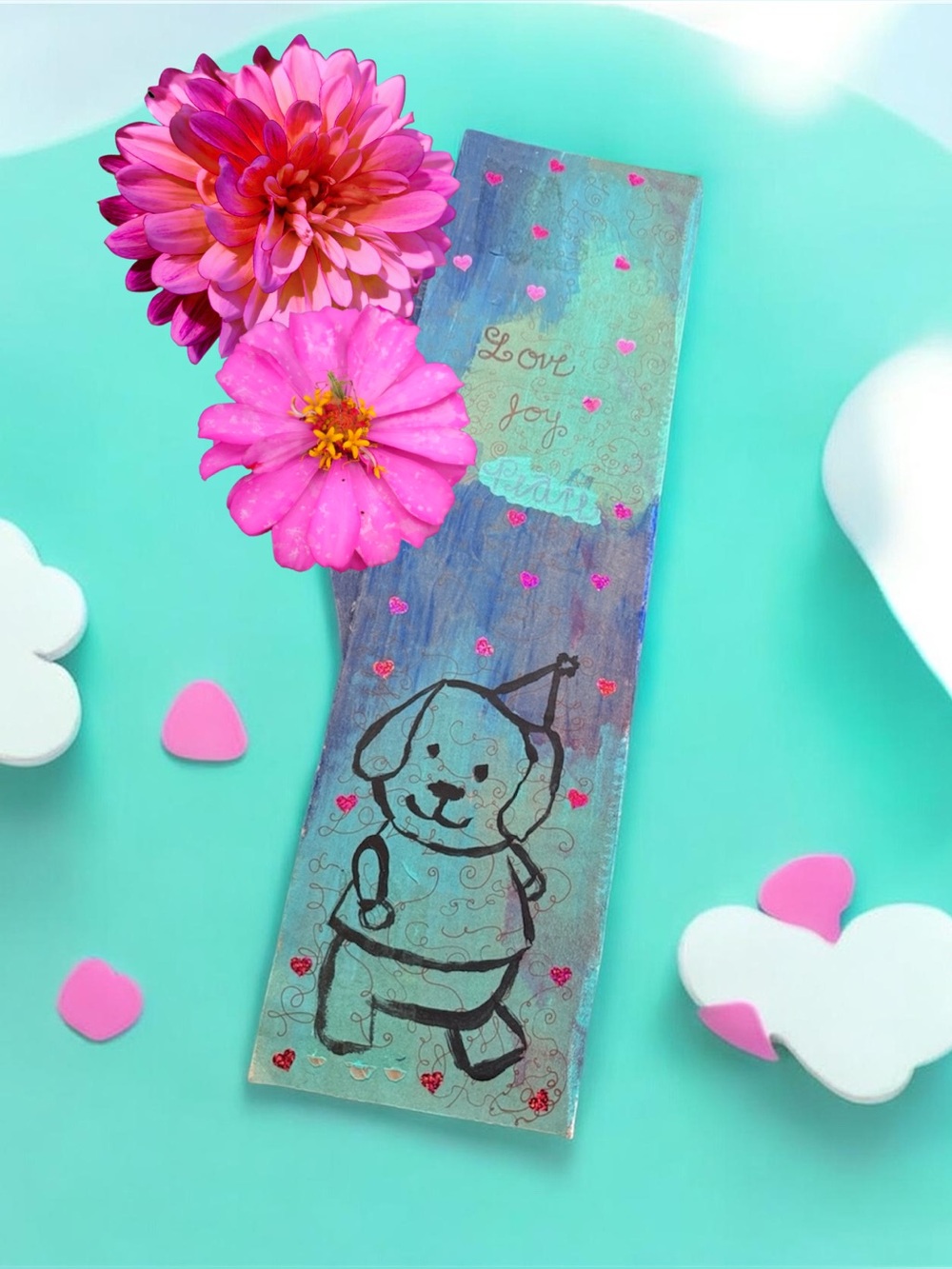 Handmade Teal & Blue Dog Art Panel - Love Joy Faith